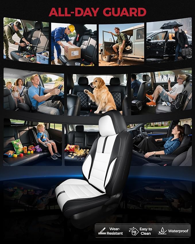 FREESOO Black White Front Car Seat Covers - Faux Nappa Leather Seat Covers for Cars, with Carbon Fiber Texture Seatbelt Pads, Cute Cushion Protectors Fit for Most Vehicles Sedans SUV Trucks Civic