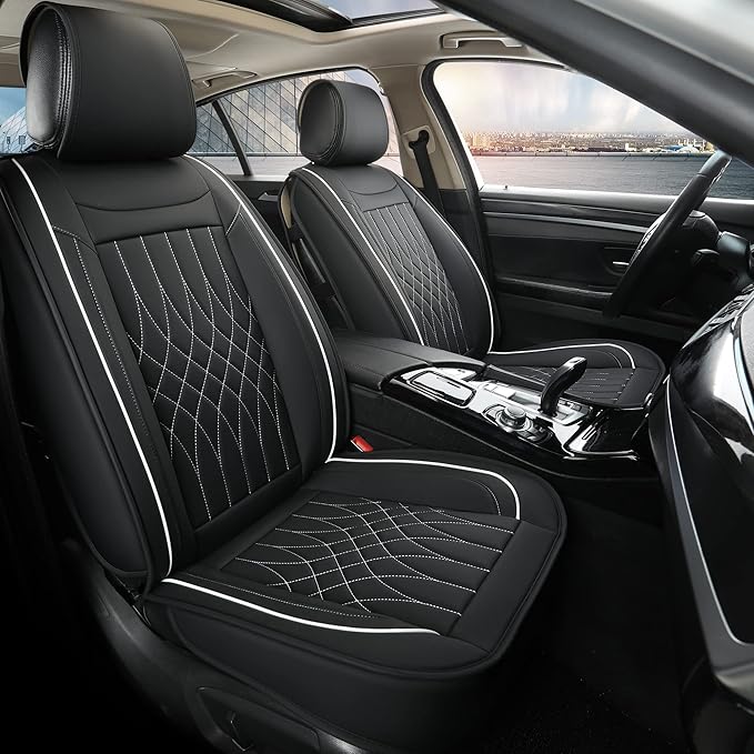 Car Seat Covers 2 PCS Front Seats, Waterproof Napa Leather Automotive Seat Protector for Cars SUV Truck Sedan, Universal Anti-Slip Car Seat Cushion Interior Accessories, Black and White