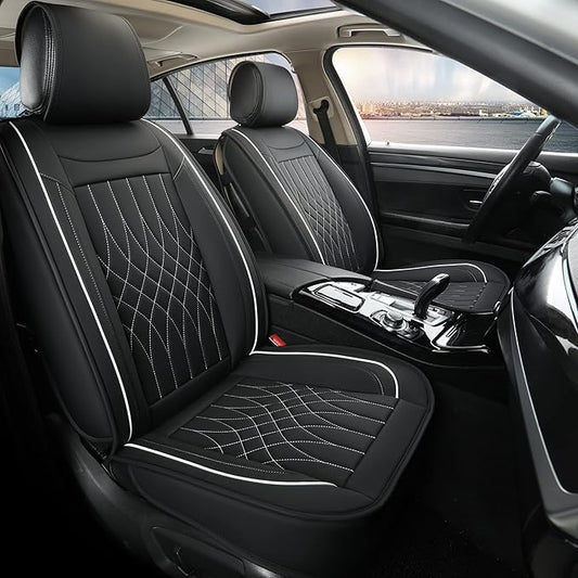 Car Seat Covers 2 PCS Front Seats, Waterproof Napa Leather Automotive Seat Protector for Cars SUV Truck Sedan, Universal Anti-Slip Car Seat Cushion Interior Accessories, Black and White