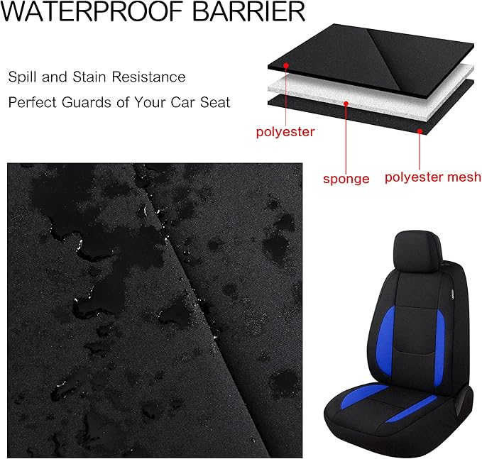 Pariitadin Waterproof Car Seat Covers Full Set, Neoprene Seat Covers for Cars, Universal Fit Interior Covers for Most Cars Sedan Van Truck SUV(Black/Blue)