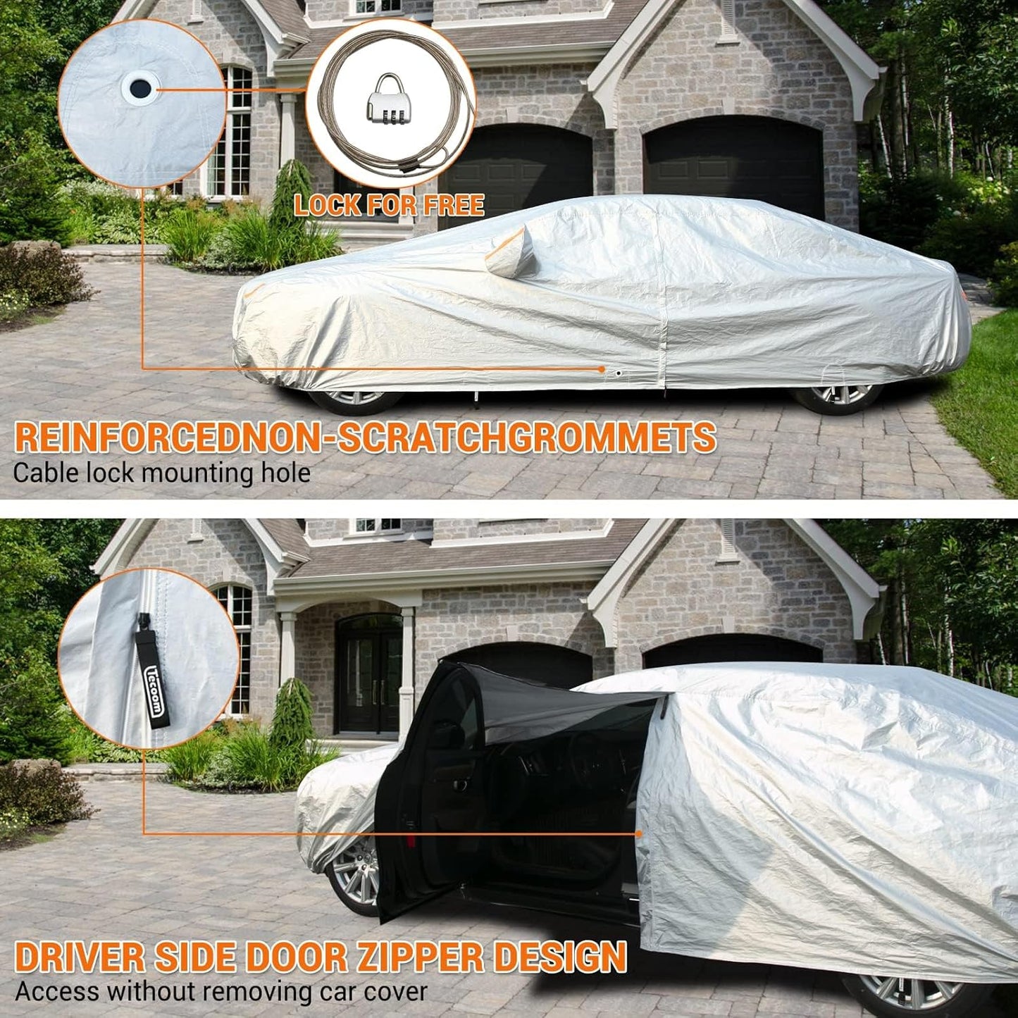 Tecoom Car Cover Waterproof All Weather, 3 Layers Car Covers for Automobiles, Fleece Lining with Zipper Door Lock Full Outdoor Car Cover Wind Snow Hail UV Sun Protection Fit for Sedan (201-210 Inch)