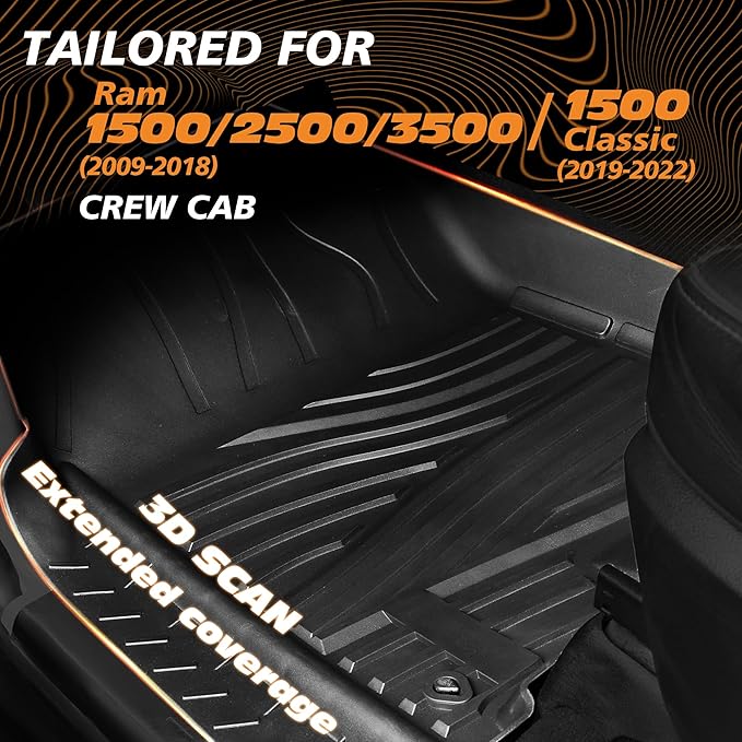Floor Mats for 2009-2018 Dodge Ram 1500/2500/3500 Crew Cab & 2019-2022 Ram 1500 Classic Crew Cab | Custom Fit | Front & Rear | Front Bucket | All-Weather Car Liners for Trucks