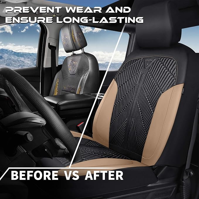 CAR PASS Waterproof Black Beige Car Seat Covers Front Seat Covers Neoprene Wetsuit,All-Weather Non-Slip Durable,Universal Fit for SUV Sedans Trucks Automotive,Airbag Compatible,3D Emboss Black Beige
