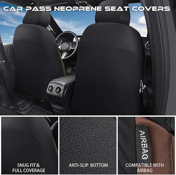 CAR PASS Waterproof Black Brown Car Seat Covers Front Seat Covers Neoprene Wetsuit,All-Weather Non-Slip Durable,Universal Fit for SUV Sedans Trucks Automotive,Airbag Compatible,3D Emboss Black Brown