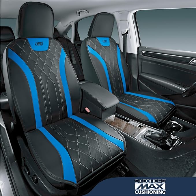 Skechers MAX Cushioning Car Seat Covers,Memory Foam Leather Car Seat Protectors, Airbag Safe Waterproof Sideless Front Seat Covers with Storage Pocket,Universal Fit for Cars Trucks SUV, Blue 2PCS