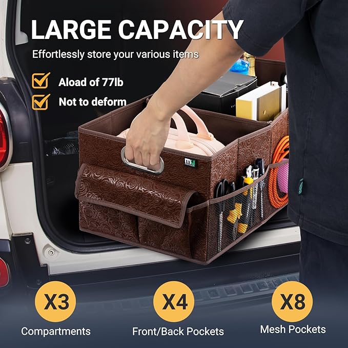 MIU COLOR Trunk Organizer for Car, 12 Pockets Sturdy Car Organizer for SUV, Non-Slip Bottom, Storage Organizer for Sedans, Van, Jeep, Grocery, Large 3 Compartments, Brown Vintage 32"×13"×10.6"
