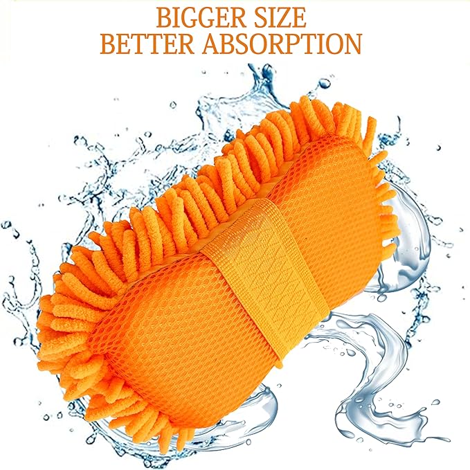 Microfiber Car Wash Sponge-Non-Scratch Wash Mitt-Two Sided Chenille Microfiber Washing Sponge-Mitt for Cars, Trucks, SUVs, Boats (2 Pack Orange)