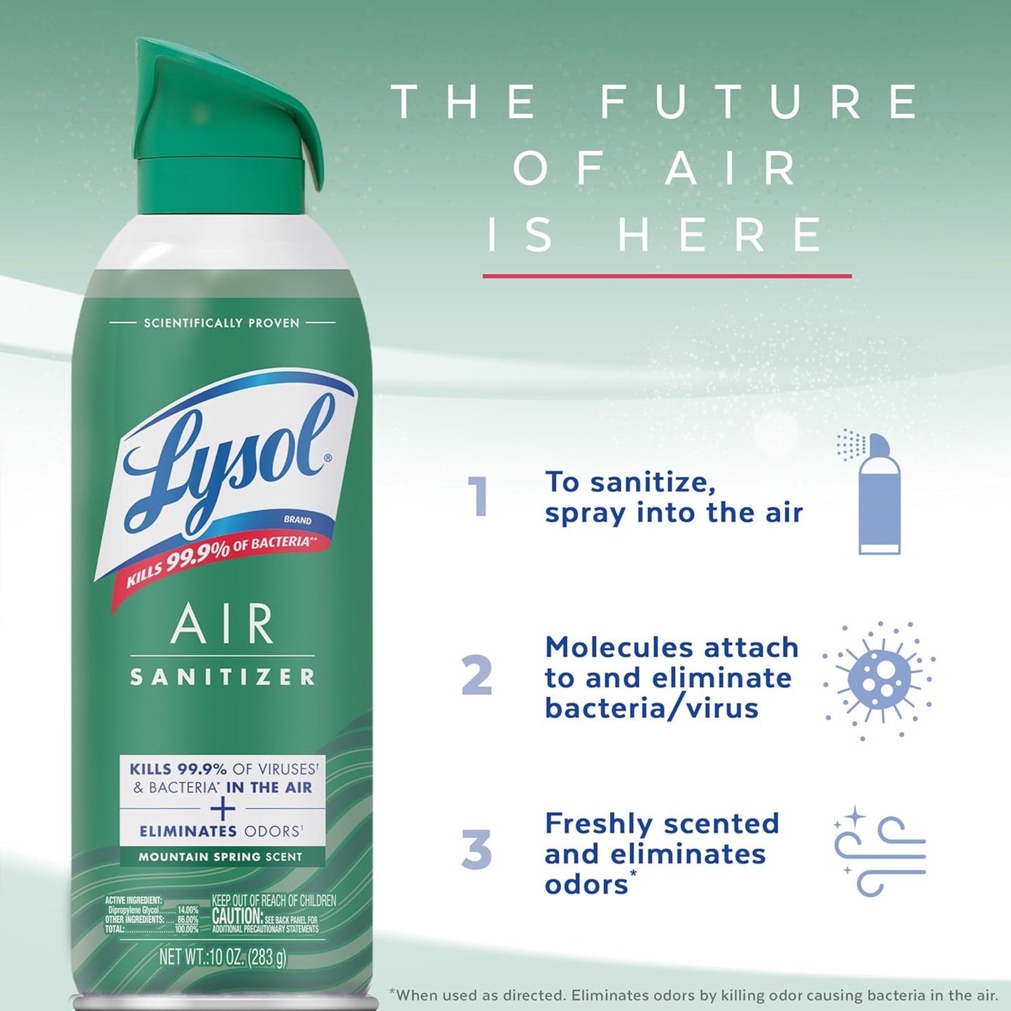 Lysol Air Sanitizer Spray with Odor Eliminator for Home & Office, Sanitizing Spray, Air Freshener Alternative, Mountain Spring Scent, 10 oz (Pack of 3)