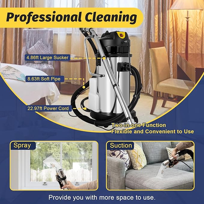110V 40L Carpet Cleaner Machine Deep Cleaner, Commercial Carpet Cleaning Machine with Water Vacuuming Head&Round Brush, Portable Wet Dry Curtain Fabric Dust Cleaner for Hotels, Guest Houses