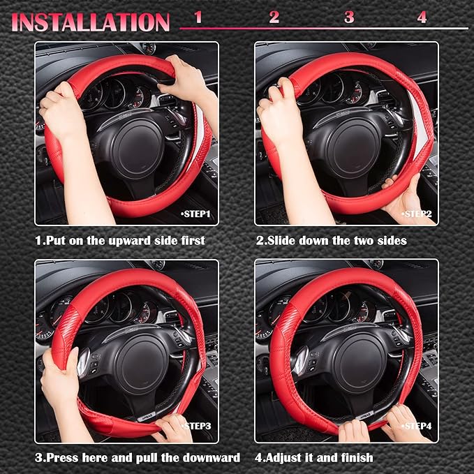 CAR PASS Line Rider Microfiber Leather Sporty Steering Wheel Cover 14.5-15 inch Universal Fits for 95% Truck,SUV,Cars, Anti-Slip Safety Comfortable Desgin (Red-Carbon Fiber)