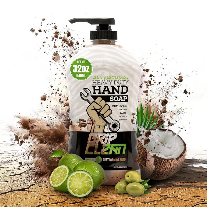 Grip Clean Heavy Duty Hand Cleaner for Mechanics – Natural Pumice & Clay-Infused Technology Removes Grease, Oil & Grime – Moisturizing Liquid Hand Soap for Shop, Garage & Industrial Use – 32oz