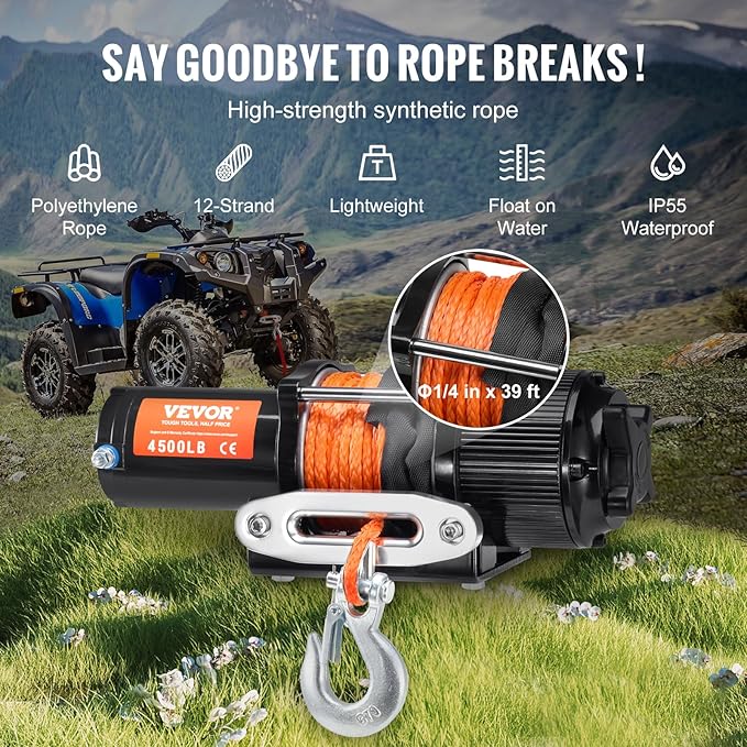 VEVOR ATV Winch, 4500 lb Electric Winch with Synthetic Rope, 12V DC ATV UTV Winch 1/4 in x 39 ft Aluminum Fairlead Wired Remote Control, IP55 Waterproof for Towing Boat Off Road Recovery