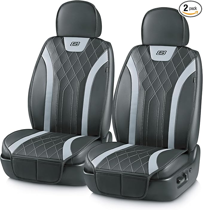 Skechers MAX Cushioning Car Seat Covers,Memory Foam Leather Car Seat Protectors, Airbag Safe Waterproof Sideless Front Seat Covers with Storage Pocket,Universal Fit for Cars Trucks SUV, Gray 2PCS