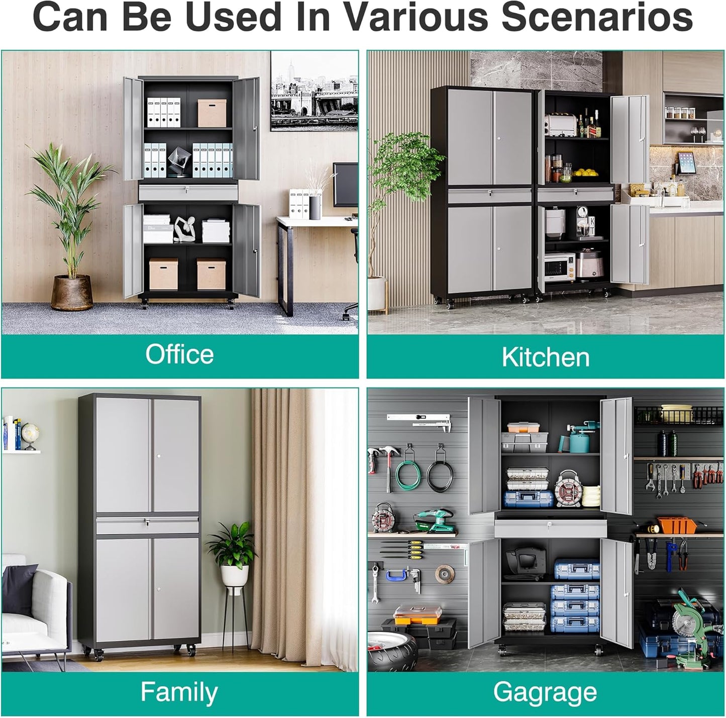 Metal Garage Storage Cabinet with Wheels and Drawer,Gray Rolling Garage Cabinet with Locking Doors and Adjustable Shelves,73" Tall Mobile Metal Storage Cabinets on Wheels for Home,Office,Garages,Tool