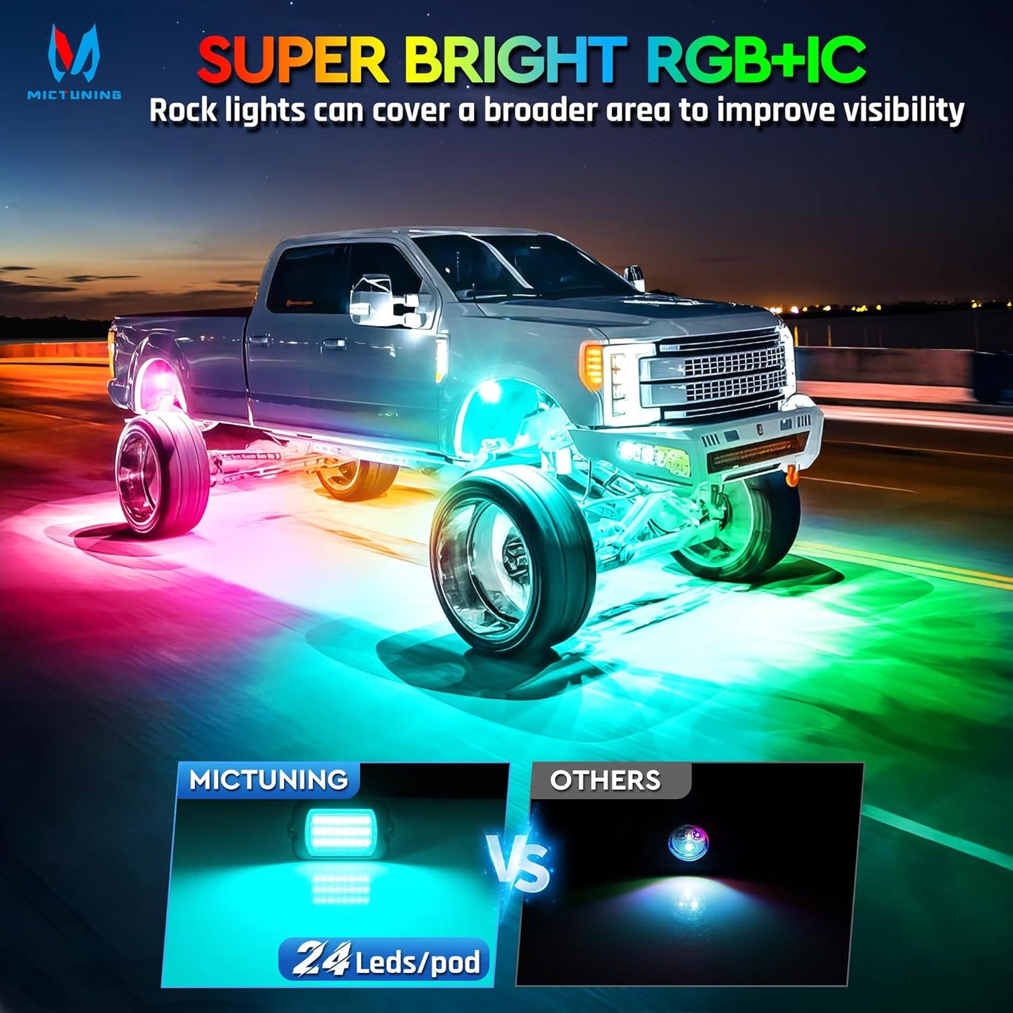 MICTUNING 2025 1000% Bright Q1 MAX RGB+IC Rock Lights, 12 Pods Chasing Dreamcolor Extensible Underglow Multicolor Neon Light Underbody Lighting Kit with APP Control for Truck ATV UTV Boat