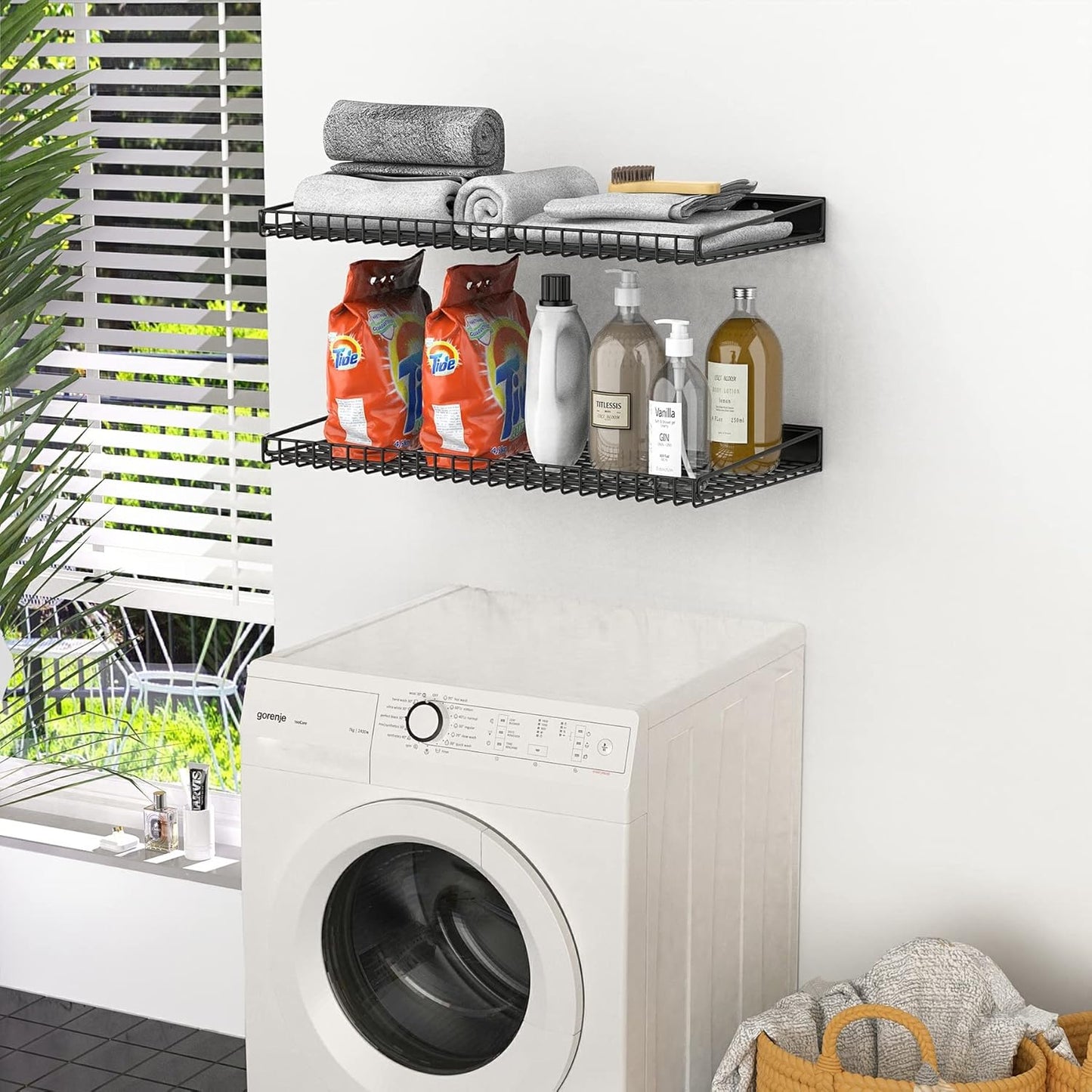 WALMANN Garage Wall Shelf, 4 Wall-Mounted Storage Shelves for Garage, Closet, Laundry Room, Heavy Duty Wall Shelving, Holds Up to 65 Lbs(Black, 4 Shelves)