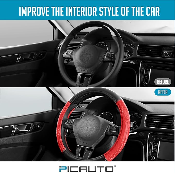 PIC AUTO Steering Wheel Cover, Silk Grain Leather Car Steering Wheel Protector, Comfortable Grip, Universal 14.5-15.5 Inch Anti-Slip Steering Wheels Accessories for Men & Women (Red)