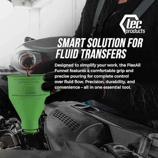 TEC Products FlexAll Long Flexible Funnel for Automotive Use - Durable Nitrile Rubber - Ideal for Car Oil Change, Transmission Funnel Fluid, Diesel, Fuel, Gas - Made in USA - Green (16 x 5 Inches)