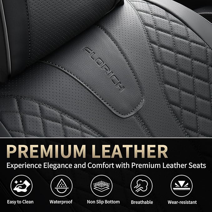 FLORICH Leather Car Seat Covers, Seat Cover for Cars Full Set Black Car Seat Cover Front Seats and Back Waterproof Car Seat Cushion Car Seat Protector Universal Fit for Most Cars SUV Trucks