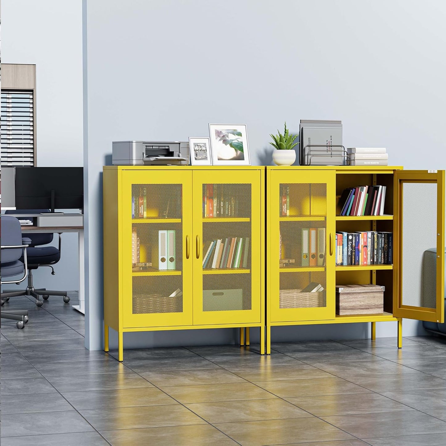 Metal Storage Cabinet with Mesh Doors,Steel Display Cabinet with Adjustable Shelves,Metal Office Storage Locker for Home Office,Garage(Yellow, 40''H)