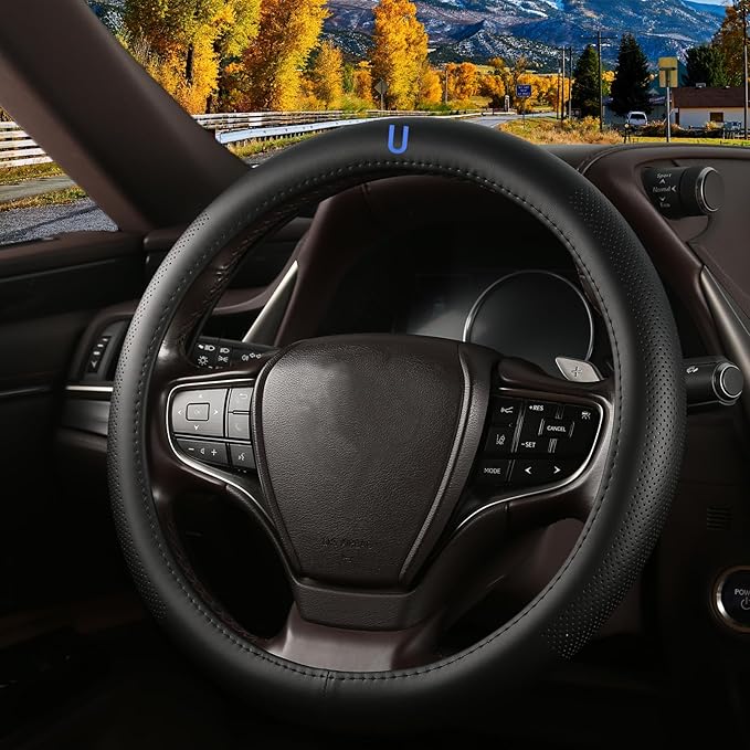 Genuine Leather Steering Wheel Cover for Men Women with Upgraded Silicone Inner Ring, Non-Slip, Breathable, Odorless, Universal 14.5-15 Inch (Blue U, Microfiber Nappa Leather)