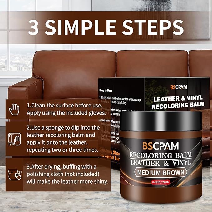 Medium Brown Leather Recoloring Balm,Leather Couch Scratch/Stain Remover,Leather Repair kit for Vinyl Furniture and Car Interior,Leather Dye Paint for Scratched and Faded Leather Couches