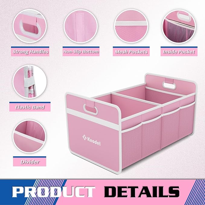K KNODEL Car Trunk Organizer, Foldable Organizer for Car, Automotive Consoles & Organizers, Storage with Reinforced Handles (Medium, Pink)