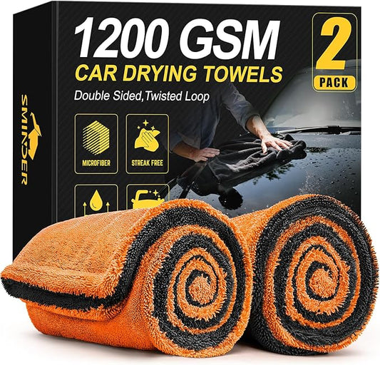 2-Pack 1200 GSM Car Drying Towels – Microfiber Towels for Cars (36" x 24"), Ultra-Absorbent, Streak-Free, Scratch-Free, No Water Spots, Double-Twist Pile & Edgeless Design(Orange)