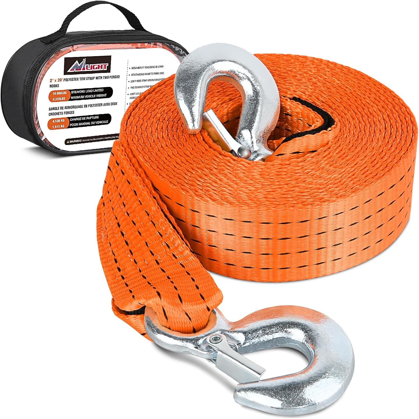 Nilight Tow Strap Heavy Duty with Safety Hooks 2”x20’ 10,000LBS Breaking Strength Towing Strap Rope for Trucks Vehicles Towing Accessories Cable Trailers, 2 Years Warranty