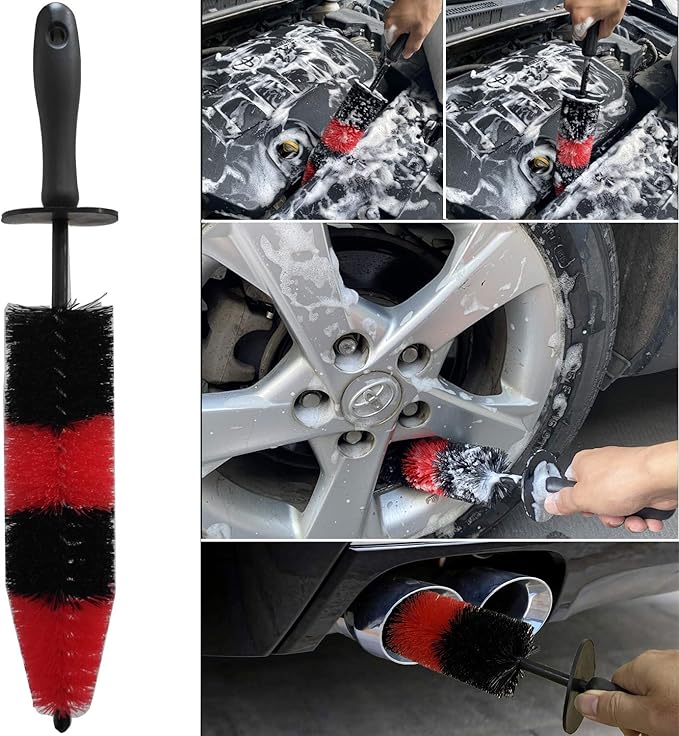 7Pcs Wheel & Tire Brush, car Detailing kit, 17inch Long Soft Wheel Brush 5 car wash Detail Brush car wash kit for Cleans Dirty Tires & Releases Dirt and Road Grime, Short Handle