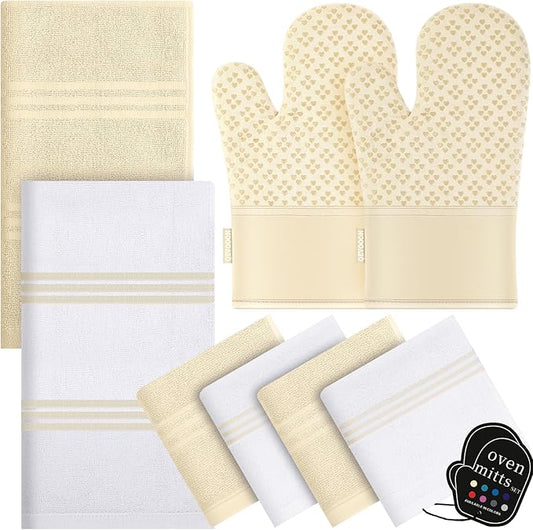 Dish Towels and Dishcloths with Oven Mitts Sets- 100% Cotton Tea Towels for Kitchen- 500 F Heat Resistant Oven Mittens 7.5"x12", Durable Dish Cloths 11.8"x11.8", Absorbent Dish Towels 13.5"x24"