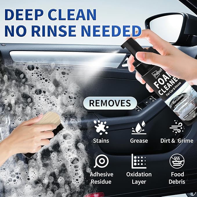 Car Interior Foam Cleaner - Powerful Waterless Carpet Upholstery & Seat Stain Remover for Leather, Fabric, Vinyl - Auto Detailing Spray with Brush Safe for All Cars - 5oz / 150ml