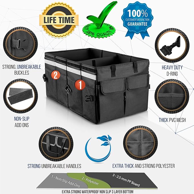 Starling's Car Trunk Organizer Super Strong, Foldable Storage Cargo Box for SUV, Auto, Truck Nonslip Waterproof Bottom, Fits any Vehicle, Come w Adjustable TieDown Straps W LID (Black, 2