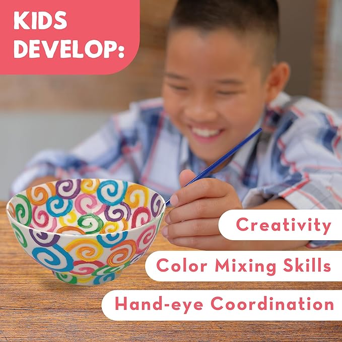 MindWare Paint Your Own Porcelain Bowls for Kids - DIY Craft Kit Makes 3 Bowls, Includes Paint and Brush