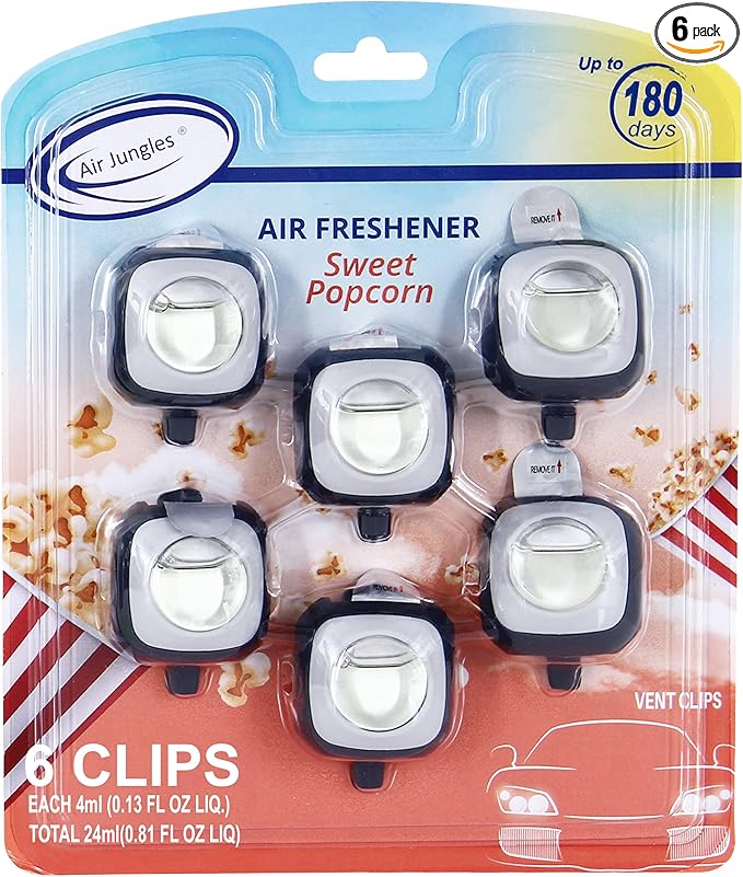Air Jungles Sweet Popcorn Scent Car Air Freshener Clip, 6 Vent Clips, 4ml Each, Long Lasting Air Freshener, Up to 180 Days Car Refresher Odor Eliminator