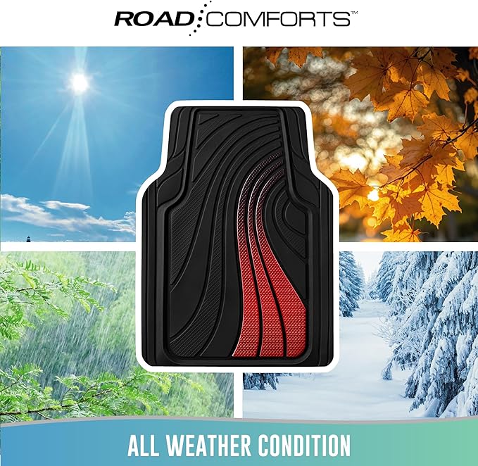 Road Comforts Car Floor Mats Full Set – Front & Rear Car Floor Mats with Aluminum Design, Anti-Slip Backing, All-Weather Protection, Trim-to-Fit Car Mats for Most Sedans, SUVs & Vans - Red