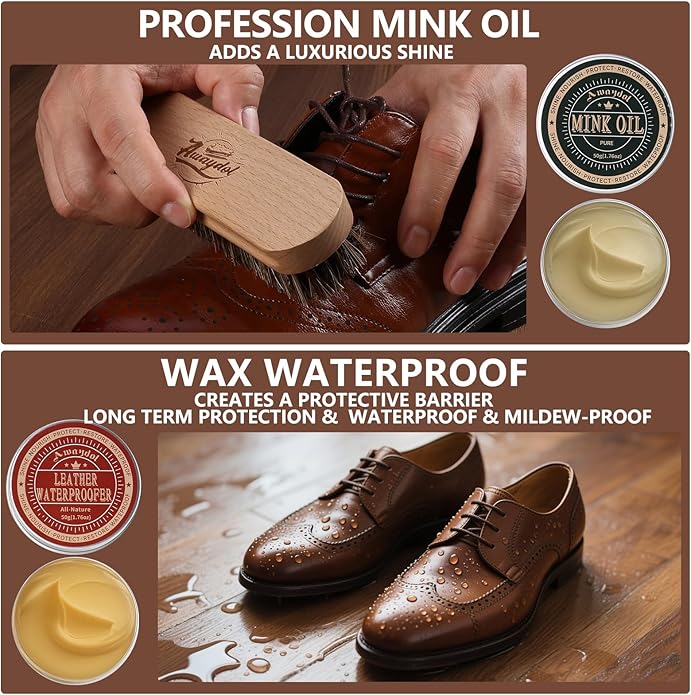 10 PCS Leather Boot Care Kit - Horsehair Brushes,Saddle Soap,Waterproofing Wax,Mink Oil Conditioner,Polishing Cloth,Microfiber cloth,Shoe Shine Cleaning Kit Gift for Men Cowboy Husband Dad ﻿