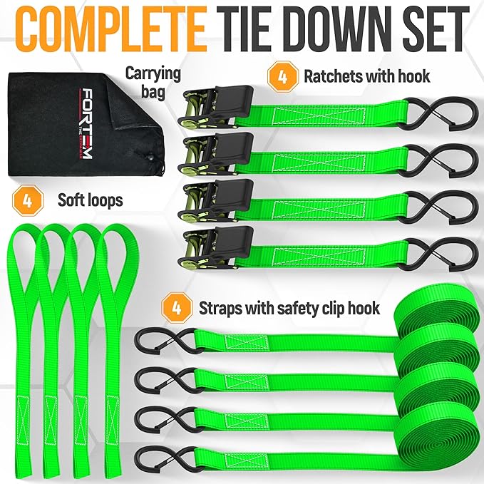 FORTEM Ratchet Straps, Tie Down Strap Set 2300lb Break Strength, 4 Pack 15ft x 1in, 4 Soft Loops, Moving Straps Tie Downs, Cargo Cam Buckles for Trucks, Carry Bag, for Men