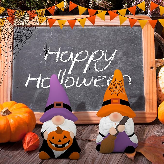 Hollowfly 2 Pack Halloween Ready to Paint Your Own Gnome Statues, 4 Spider Web Pumpkin Mini Blank Ceramics Unpainted Gnome Figurines Craft DIY Art with Brush Palette Paint for Adults