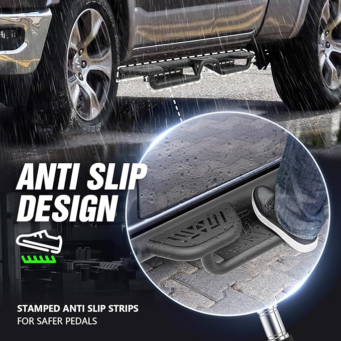 Double Cab Three Raised Steps Quad Cab Running Boards Compatible with 2019-2025 Dodge Ram 1500 New Body Double/Extended Cab Side Steps, Bolt-on Nerf Bar, Heavy-Duty Steel Two Stairs Design