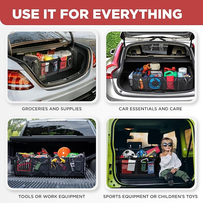 TRUNKCRATEPRO - XL Trunk Organizer For SUV, Car, Truck with 6 Compartments Adjustable Collapsible Portable Non-Skid Premium Cargo Storage Truck Organizer W Straps, Heavy Loads (Extra Large, Gray)