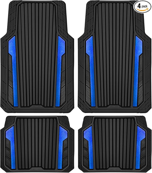 CAR PASS Heavy Duty Rubber Car Mats Metallic,Aluminum Film All Weather Floor Mats Waterproof Universal Trim to Fit Automotive SUV Sedan Van 4 Piece Anodized Deep Dish Two-Tone Sporty Black Blue Chrome