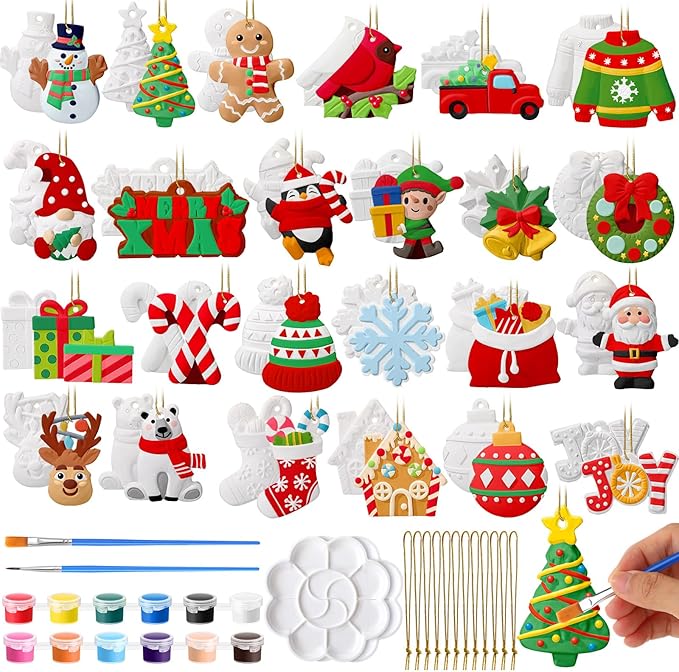 Seenelling 24 Sets Christmas DIY Painting Kits Paint Your Own Ceramics DIY Unpainted Plaster Statues Ready to Paint Ceramics Arts and Crafts with Brush for Christmas Gifts Party Decor(Fashion)