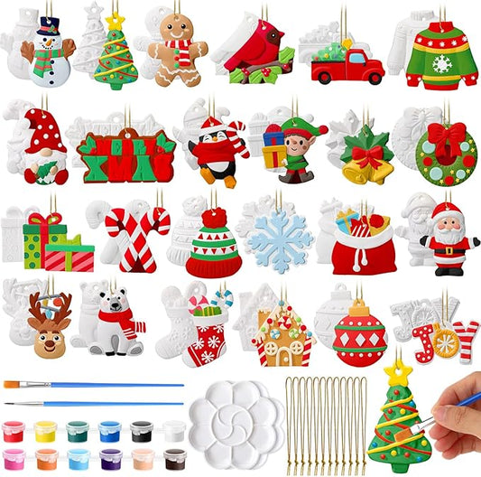 Seenelling 24 Sets Christmas DIY Painting Kits Paint Your Own Ceramics DIY Unpainted Plaster Statues Ready to Paint Ceramics Arts and Crafts with Brush for Christmas Gifts Party Decor(Fashion)
