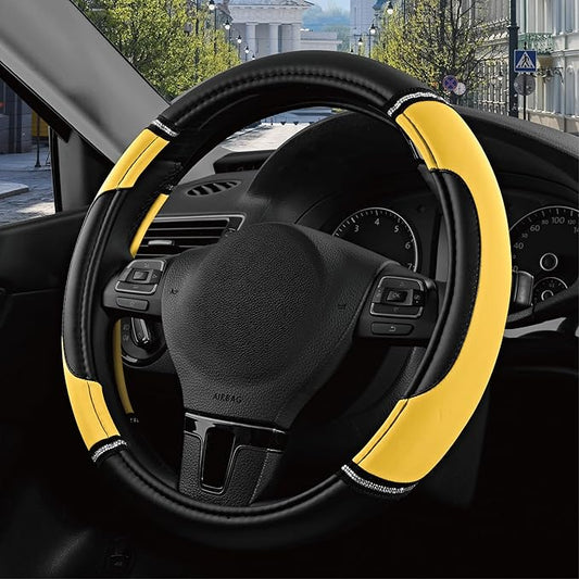 Road Comforts Leather Steering Wheel Cover - Made with PVC Leather - Anti-Slip, Universal Fit 14 1/2 inches to 15 inches - Yellow