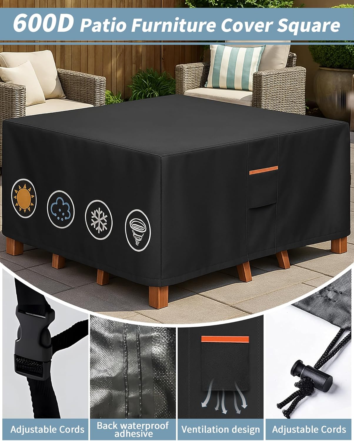 Outdoor Waterproof Furniture Cover, 106W x 106L x 28H inches Heavy Duty 600D Square Table and Chair Set Protection, Black