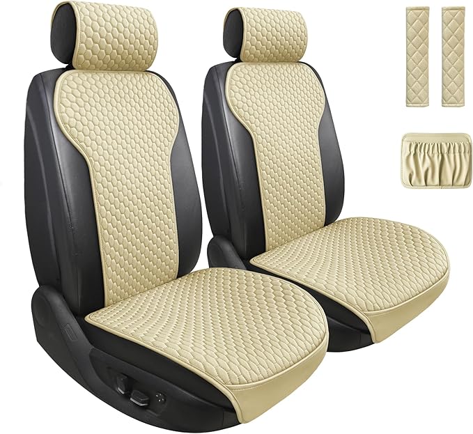 ENOGE 2 PCS Leather Car Seat Covers Front Seats Universal Sideless Seat Covers with Seat Belt Covers and Storage Pocket Waterproof Car Seat Protectors for Cars, SUV, Trucks (Beige)
