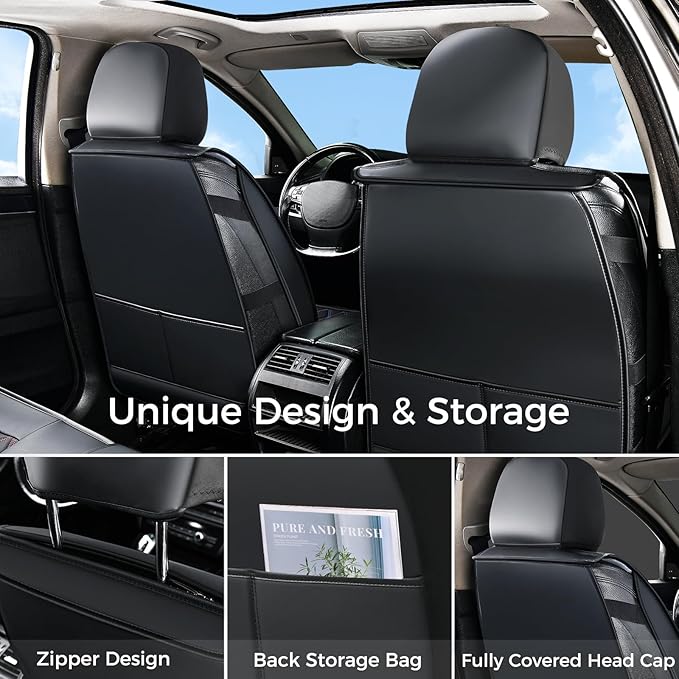 Huidasource Car Seat Covers, Truck Seat Covers 5 Seats Side Open Design Airbag Pops Out, Full-Cover Leather Seat Covers Waterproof, Universal Fit for Most Cars,Vans,Trucks,SUVs (Full Set/Black&Blue)