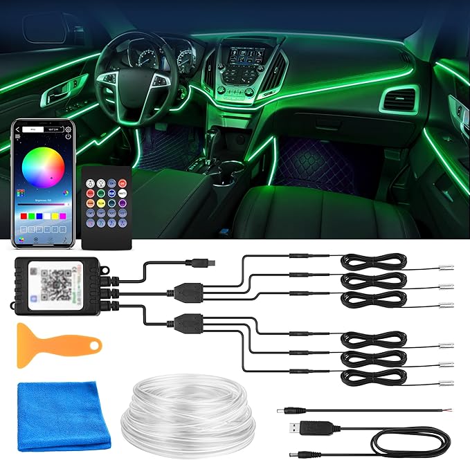 MICTUNING Car LED Interior Strip Light, 6 in 1 RGB Multicolor with 390 inches Fiber Optic Ambient Lighting Kits with Remote and APP Control, Car USB LED Strip Lights with Music Sync Mode