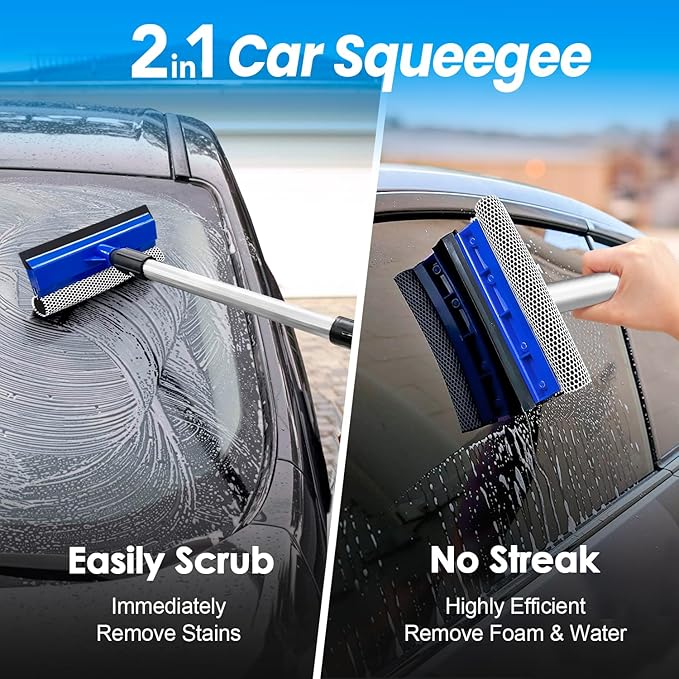 65'' Car Wash Brush with Long Handle, Scratch-Free Car Cleaning Kit with Soft Wash Brush, Tire Brush, Window Squeegee, Car Wash Mitt, Microfiber Cleaning Head & Extension Pole